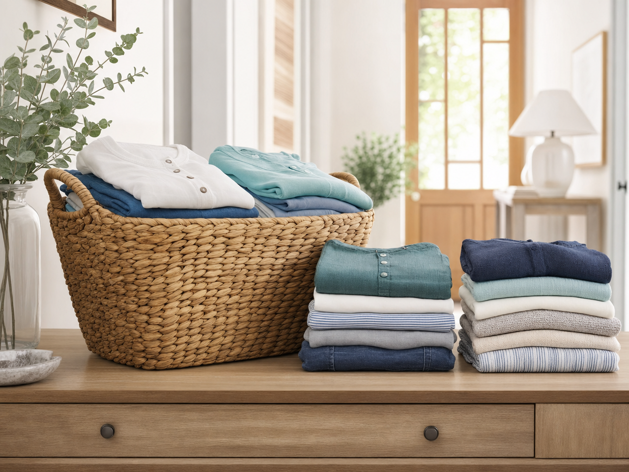 Cesta con ropa de la familia recién lavada y doblada