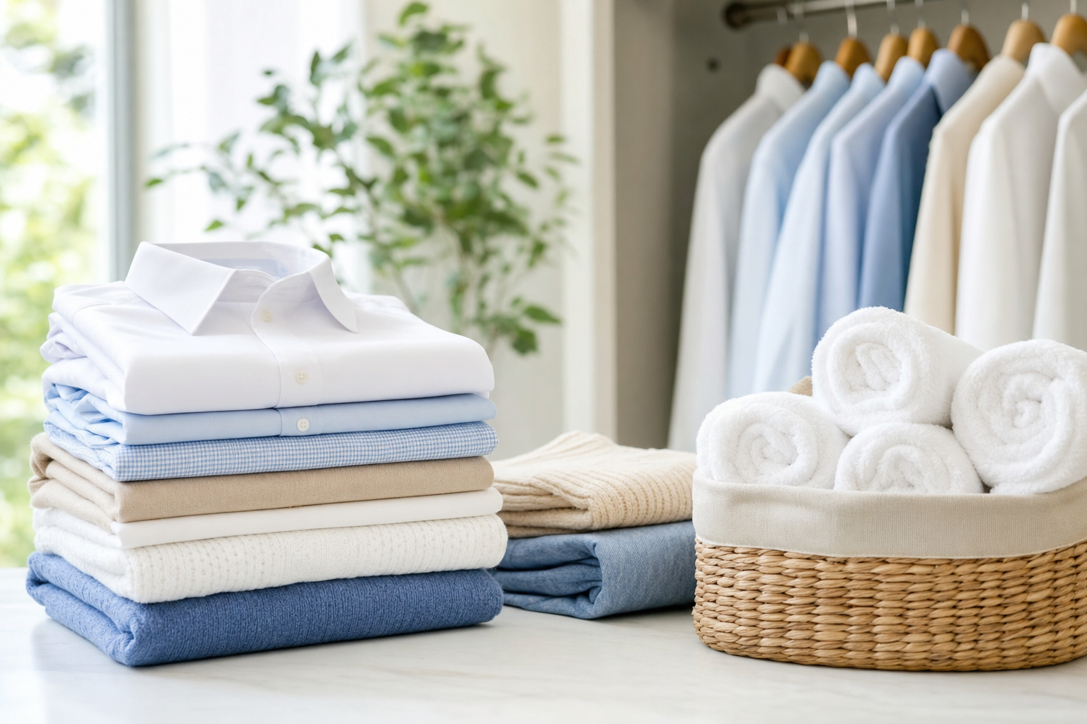 Prendas recién lavadas y dobladas con acabado profesional de Lavandería Imagen