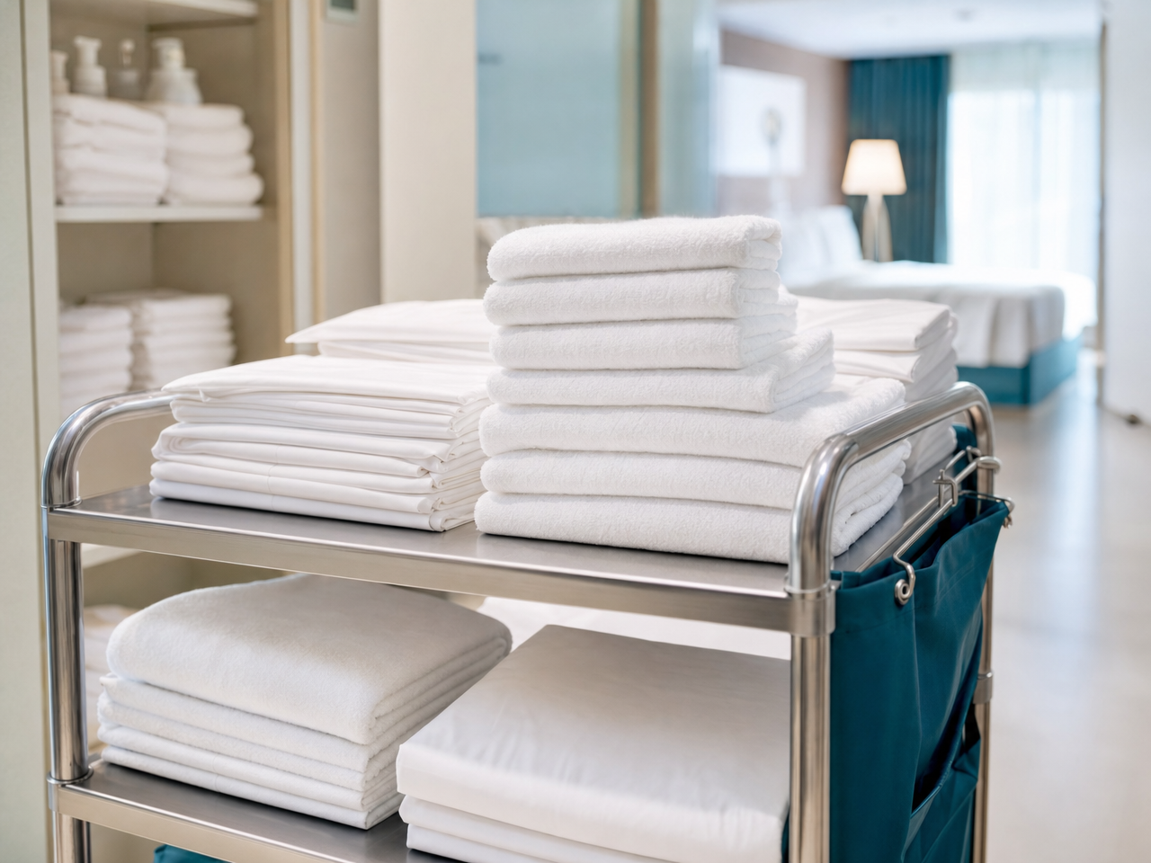 Toallas y ropa de cama de hotel listas para el servicio comercial